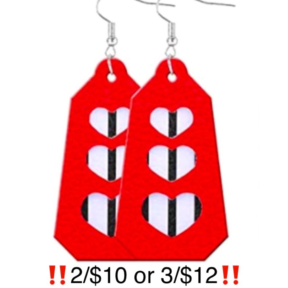 Red Black & White Striped Heart Faux Leather Dangling Drop Valentine Earrings